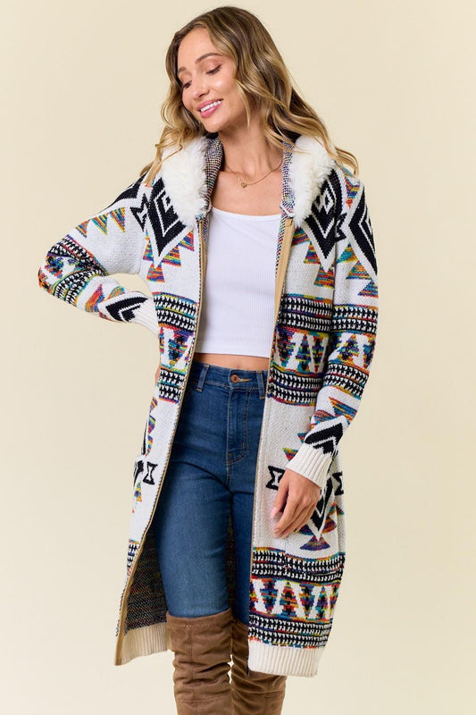 Aztec Print Cotton Blend Zip-Up Cardigan with Faux Fur Hood