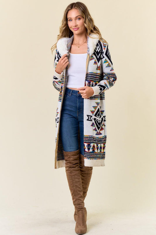 Aztec Print Cotton Blend Zip-Up Cardigan with Faux Fur Hood