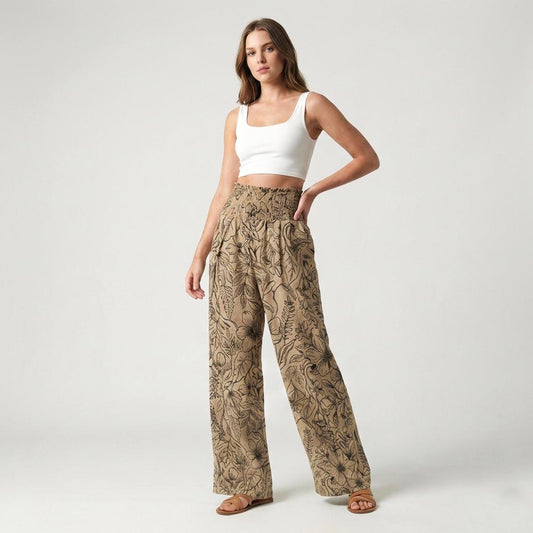 Tall botanical print linen wide leg pants featuring an earthy line art floral pattern and high smocked waistband.