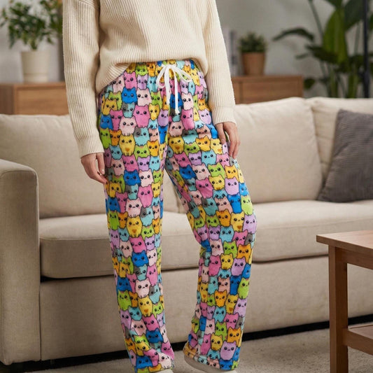 Katzen-Pyjama-Hose, Plüsch-Fleece, lange Schrittlänge, hohe Taille