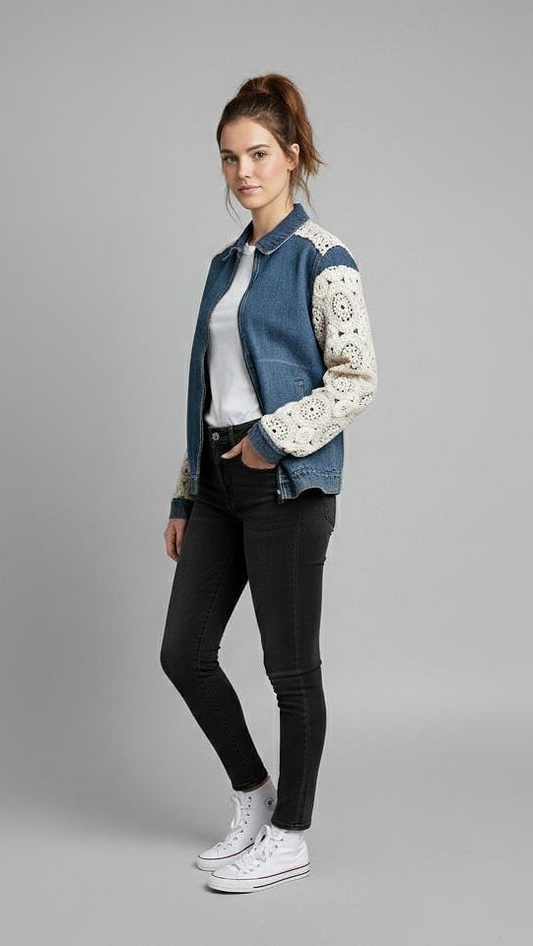 Boho mid-wash blue denim zip jacket with cream floral crochet lace sleeves, styled with black skinny jeans and sneakers.