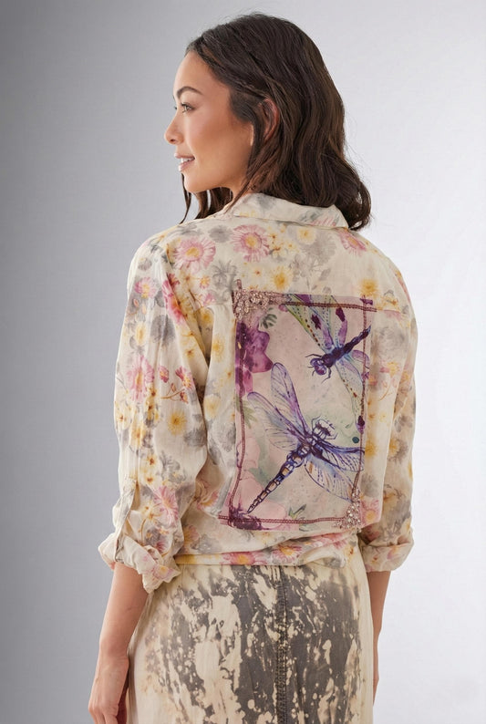 Back view of a Whimsigoth dragonfly patchwork cotton voile shirt with muted floral patterns and lace accents.