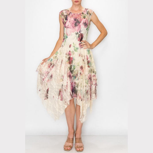 Geblümtes Spitzen-Viskose-Midikleid mit asymmetrischem Taschentuchsaum