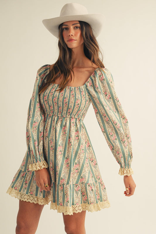 Back profile of this cottagecore tiered dress highlighting the puff sleeves and romantic cream floral pattern.