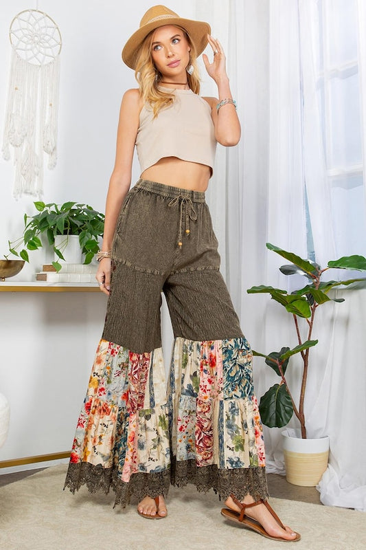 Boho Patchwork Pants: Wide Leg Floral Trousers, Bell Bottoms, Elastic Waist Lounge Pant