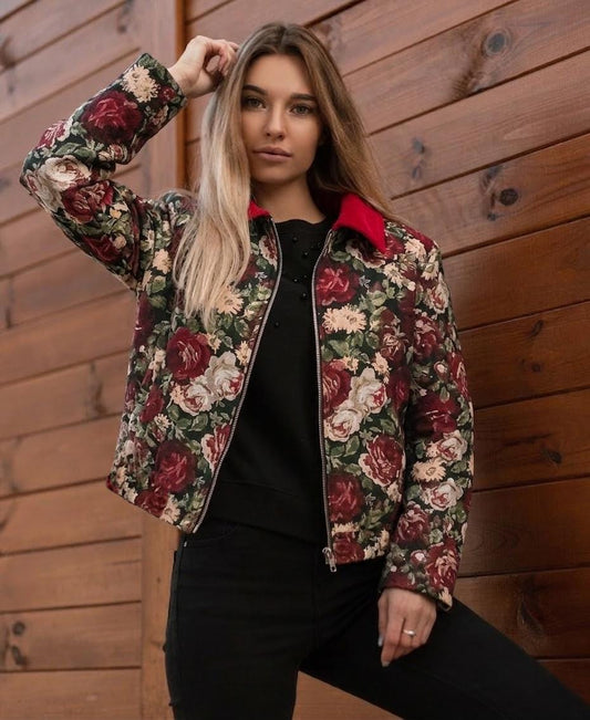 Seiden- und Spitzen-Jacquard-Jacke mit Blumenmuster und Cordkragen