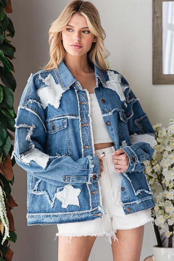 Full-length view of an open celestial-inspired patchwork jacket in medium wash blue for effortless layering.