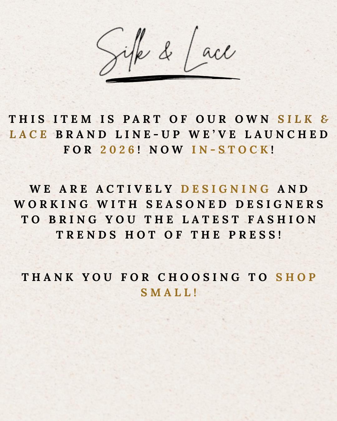 Silk & Lace brand announcement for tall embroidered jeans on a cream textured background for the 2026 collection.