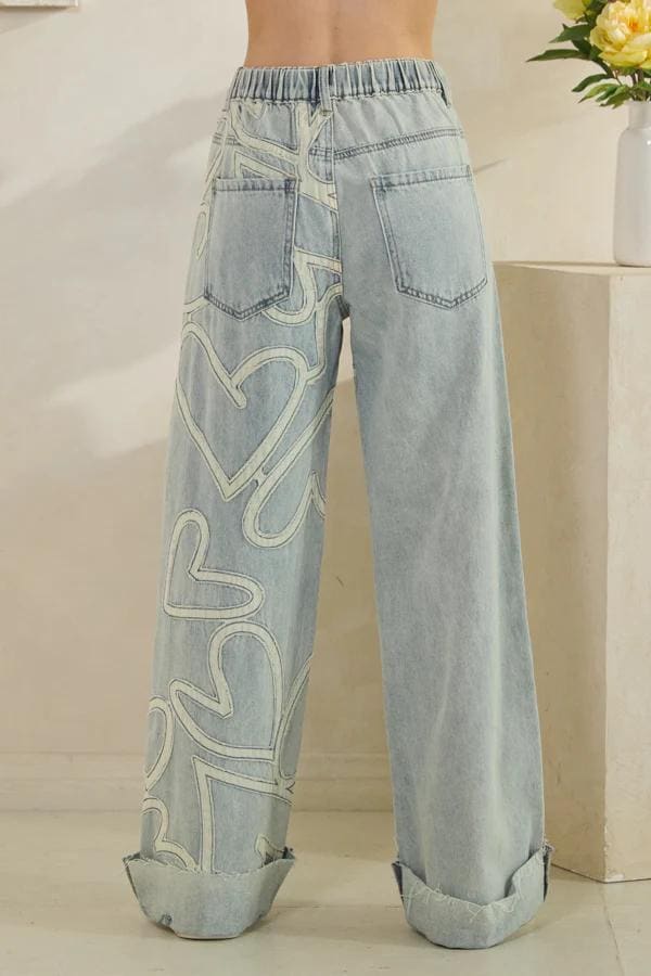 Silk & Lace Wide Leg Jeans 100% Cotton Heart Applique Denim - Image 7