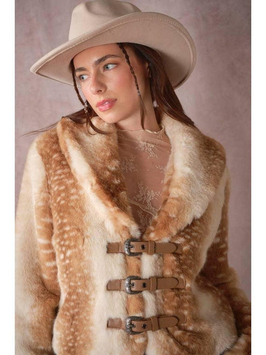 Back view of cozy faux fur jacket with deer print pattern