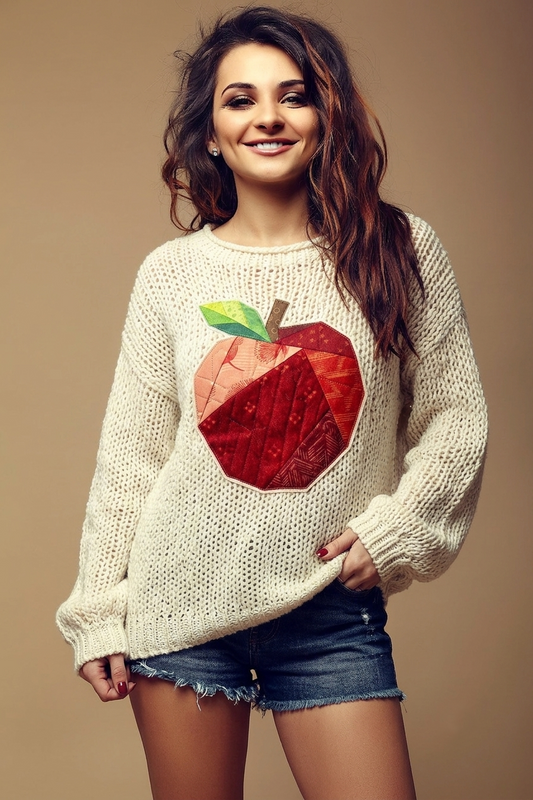 Women's Sweater Open Knit Quilted Apple Applique Cottagecore - Image 1