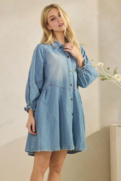 Detailed view of feminine gathered sleeves and structured collar on a western-inspired shirt dress