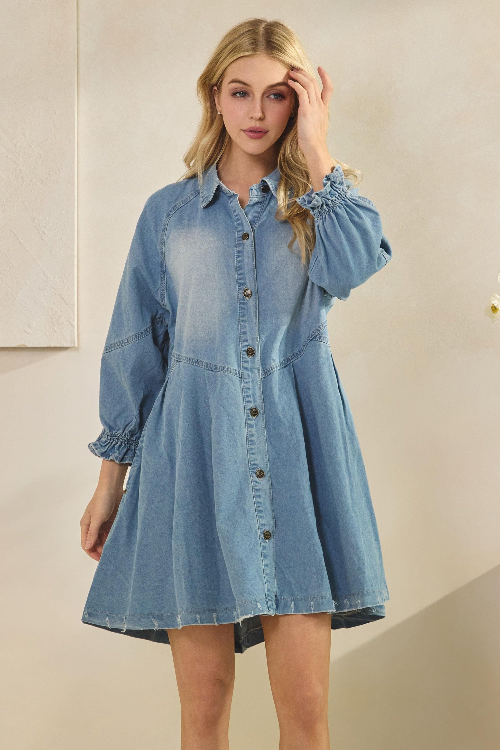 Western festival wear outfit idea showcasing the light blue denim mini dress with a southern belle style
