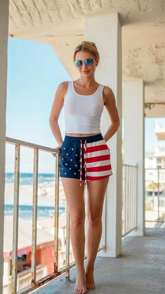 American Flag French Terry Shorts Embroidered Star Patriotic Design