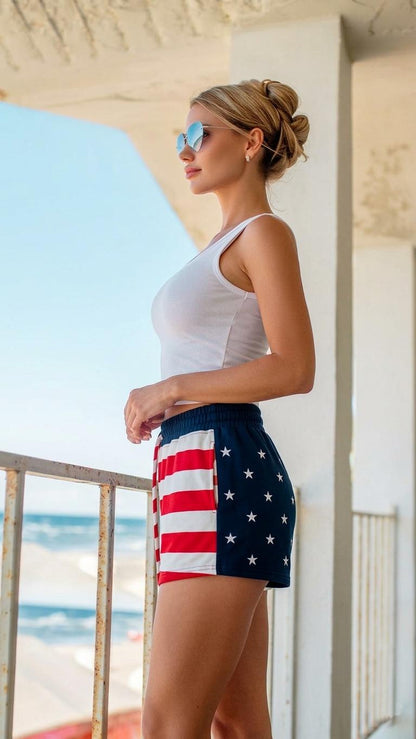 Coastal cowgirl style featuring American Flag French Terry Shorts paired for a festive Fourth of July outfit.