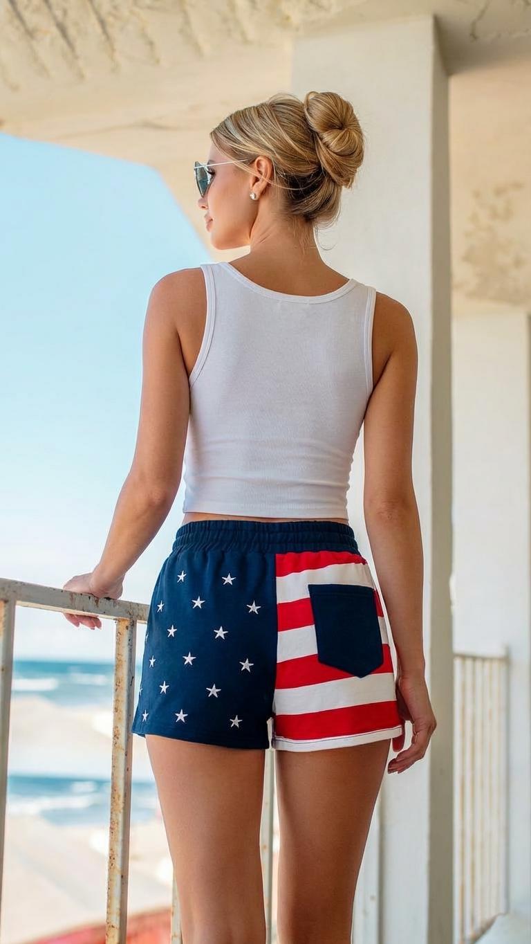 Side angle of vintage USA style shorts highlighting the bold red and white stripes and soft textured finish.