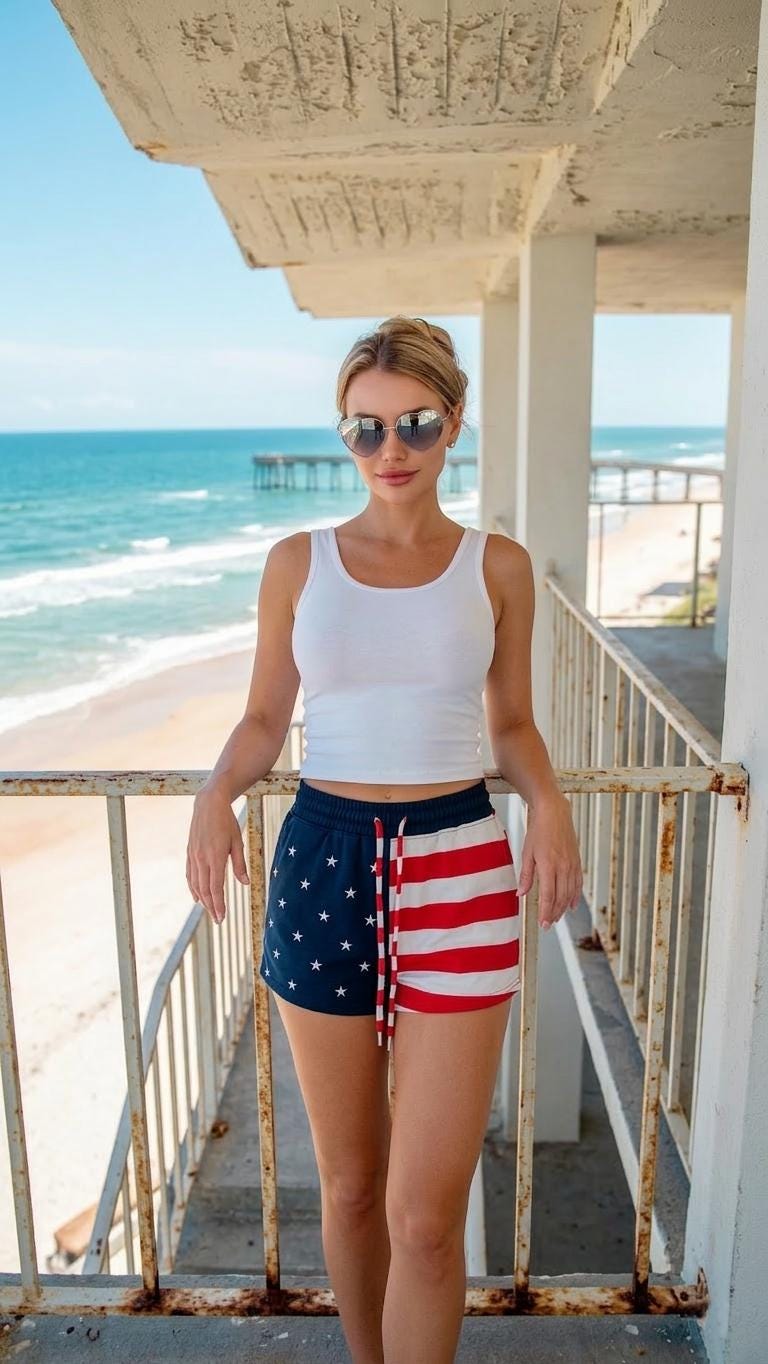 Detail of the adjustable woven drawstring on the waistband of these red, white, and blue patriotic shorts.
