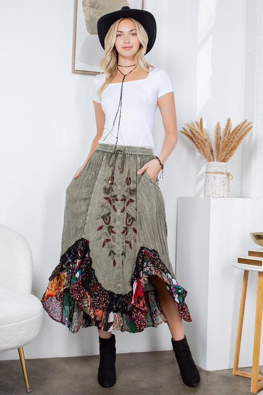 Asymmetrical Skirt Cotton Rayon Boho Floral Embroidery Patchwork