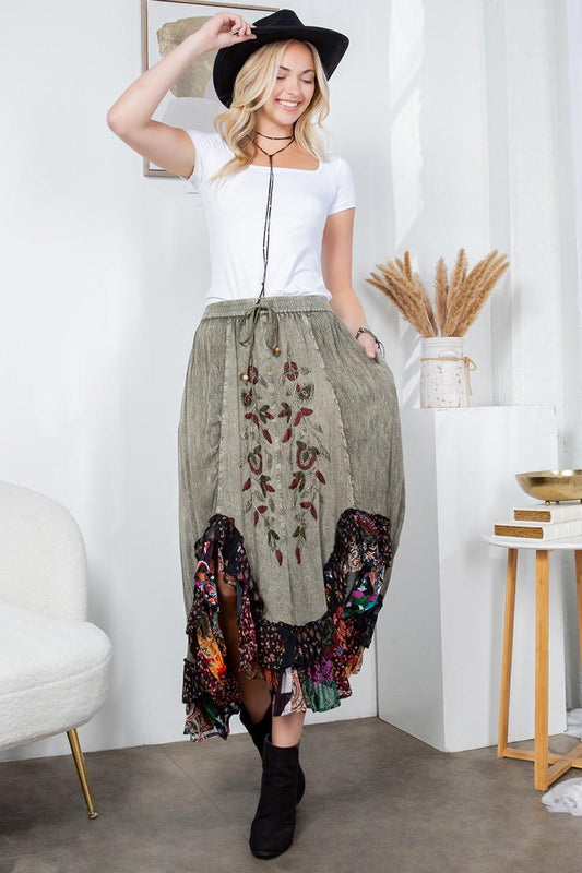 Asymmetrical Skirt Cotton Rayon Boho Floral Embroidery Patchwork