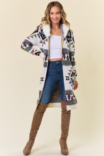 Aztec Print Cotton Blend Zip-Up Cardigan with Faux Fur Hood - Image 3