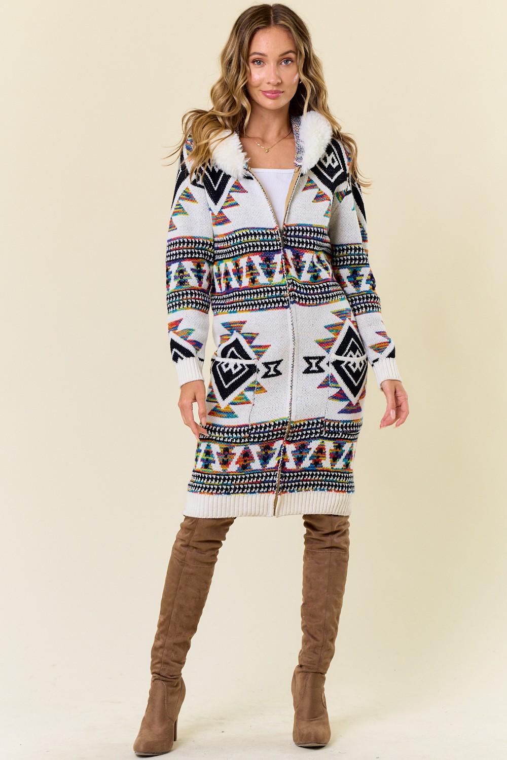 Aztec Print Cotton Blend Zip-Up Cardigan with Faux Fur Hood - Image 4