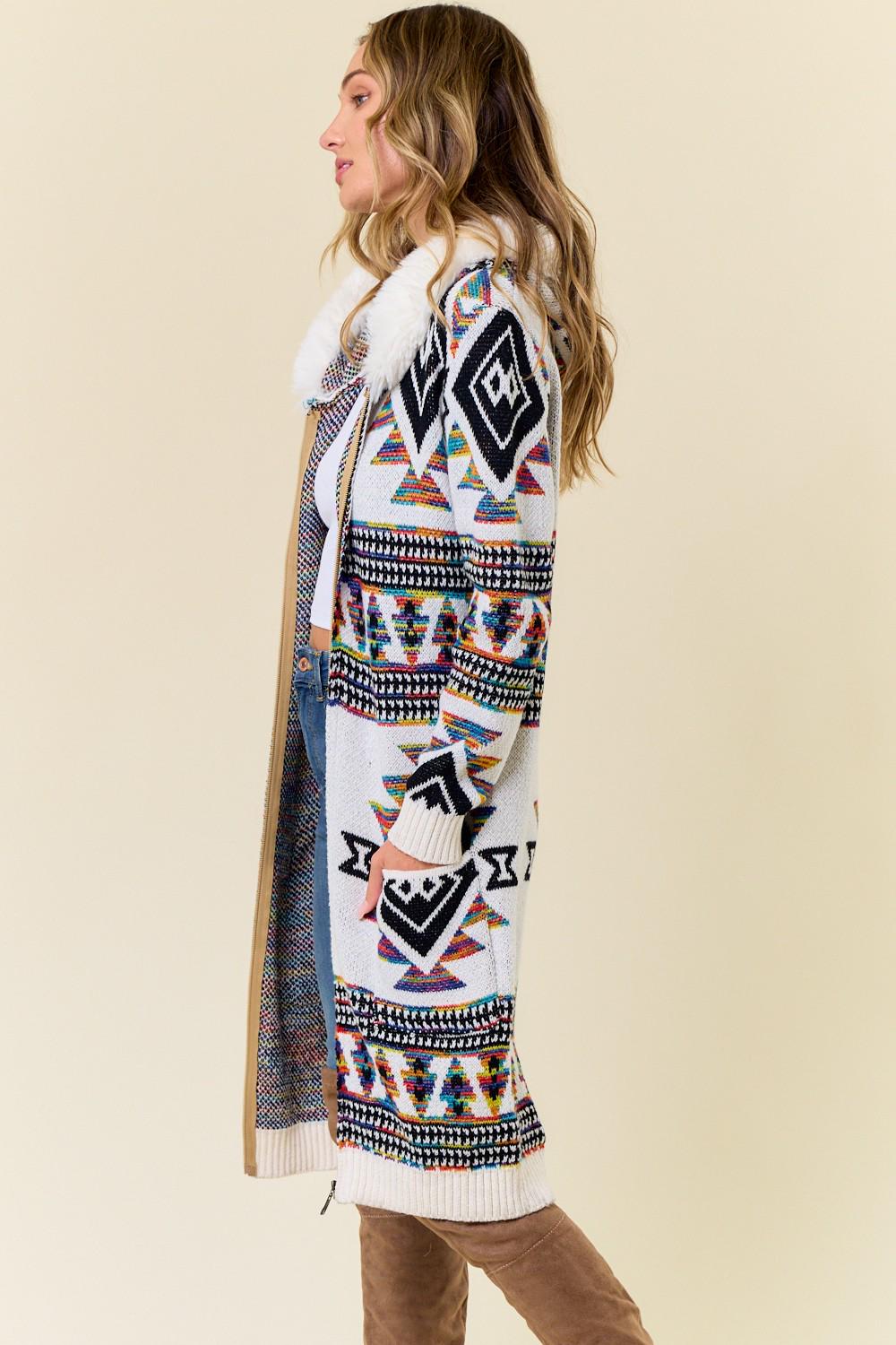Aztec Print Cotton Blend Zip-Up Cardigan with Faux Fur Hood - Image 5