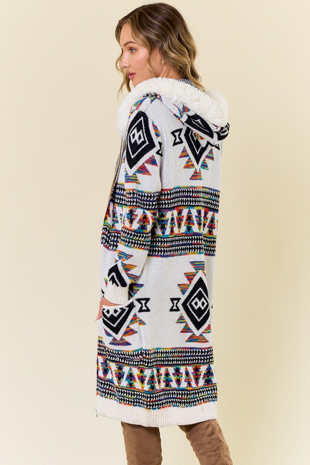 Aztec Print Cotton Blend Zip-Up Cardigan with Faux Fur Hood - Image 6