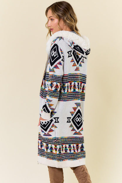 Aztec Print Cotton Blend Zip-Up Cardigan with Faux Fur Hood - Image 6