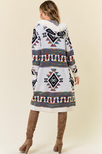 Aztec Print Cotton Blend Zip-Up Cardigan with Faux Fur Hood - Image 7