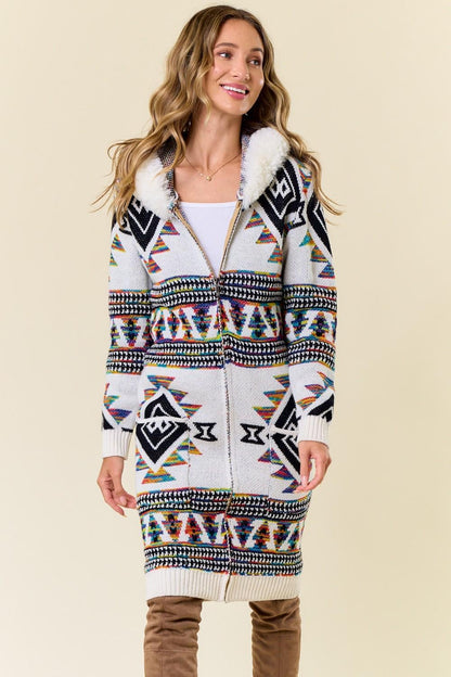 Aztec Print Cotton Blend Zip-Up Cardigan with Faux Fur Hood - Image 8