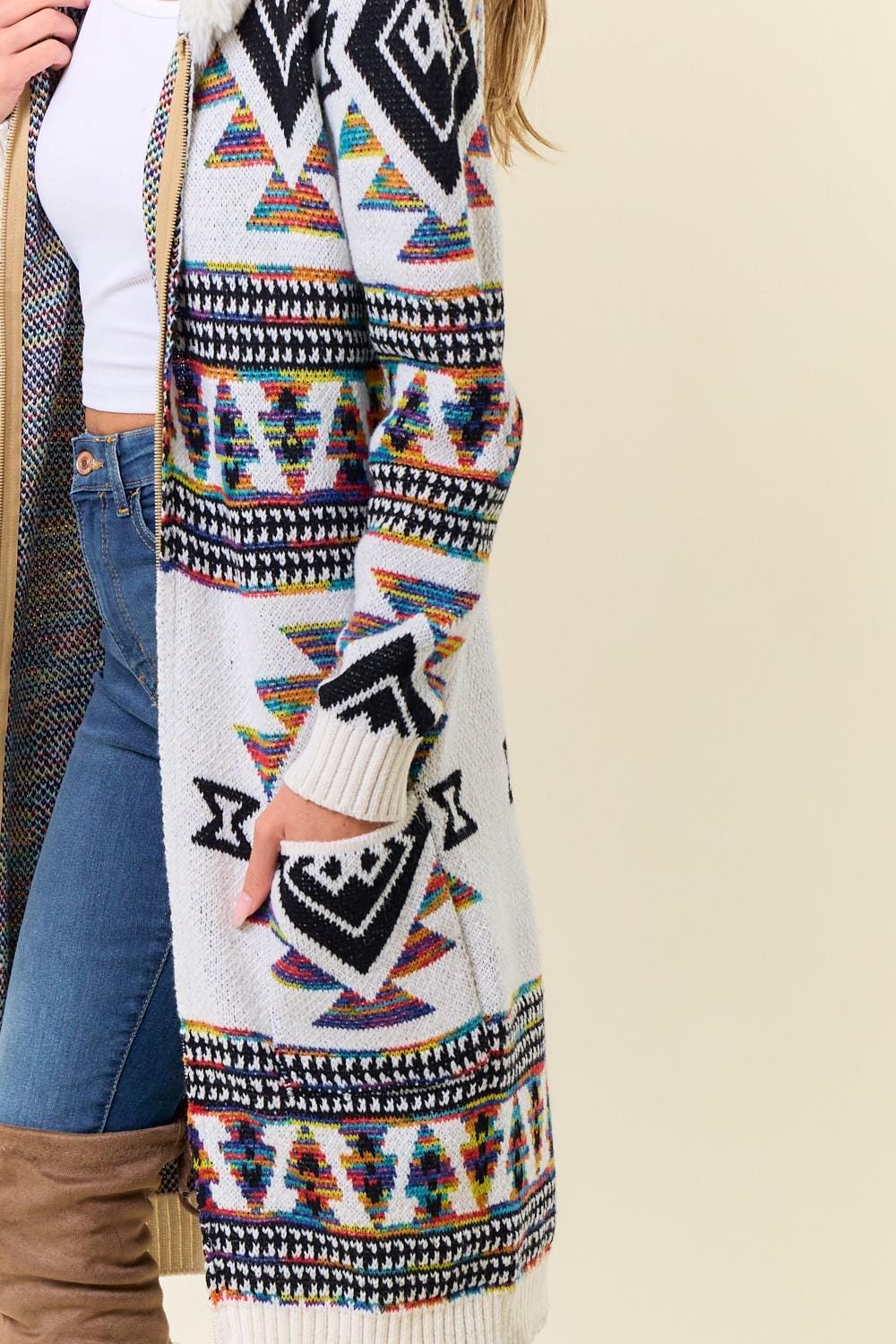 Aztec Print Cotton Blend Zip-Up Cardigan with Faux Fur Hood - Image 9