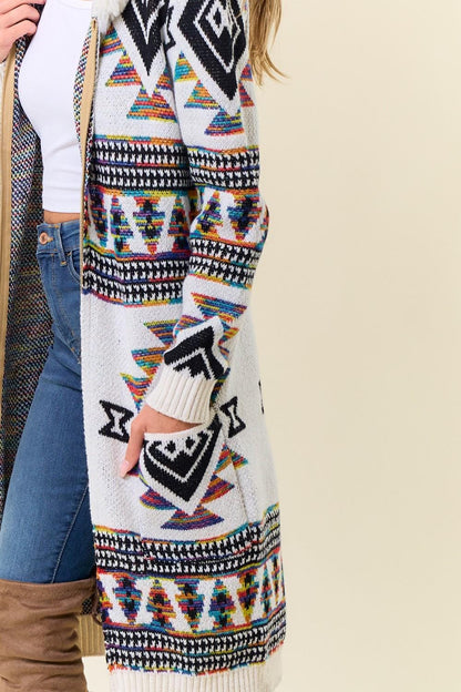 Aztec Print Cotton Blend Zip-Up Cardigan with Faux Fur Hood - Image 9