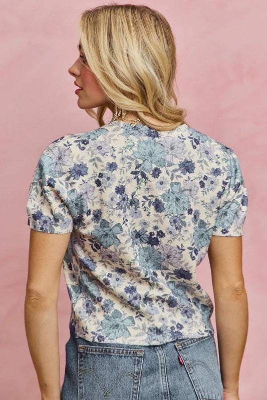 Back perspective of this fitted cottagecore top showcasing the delicate sage green floral patterns.
