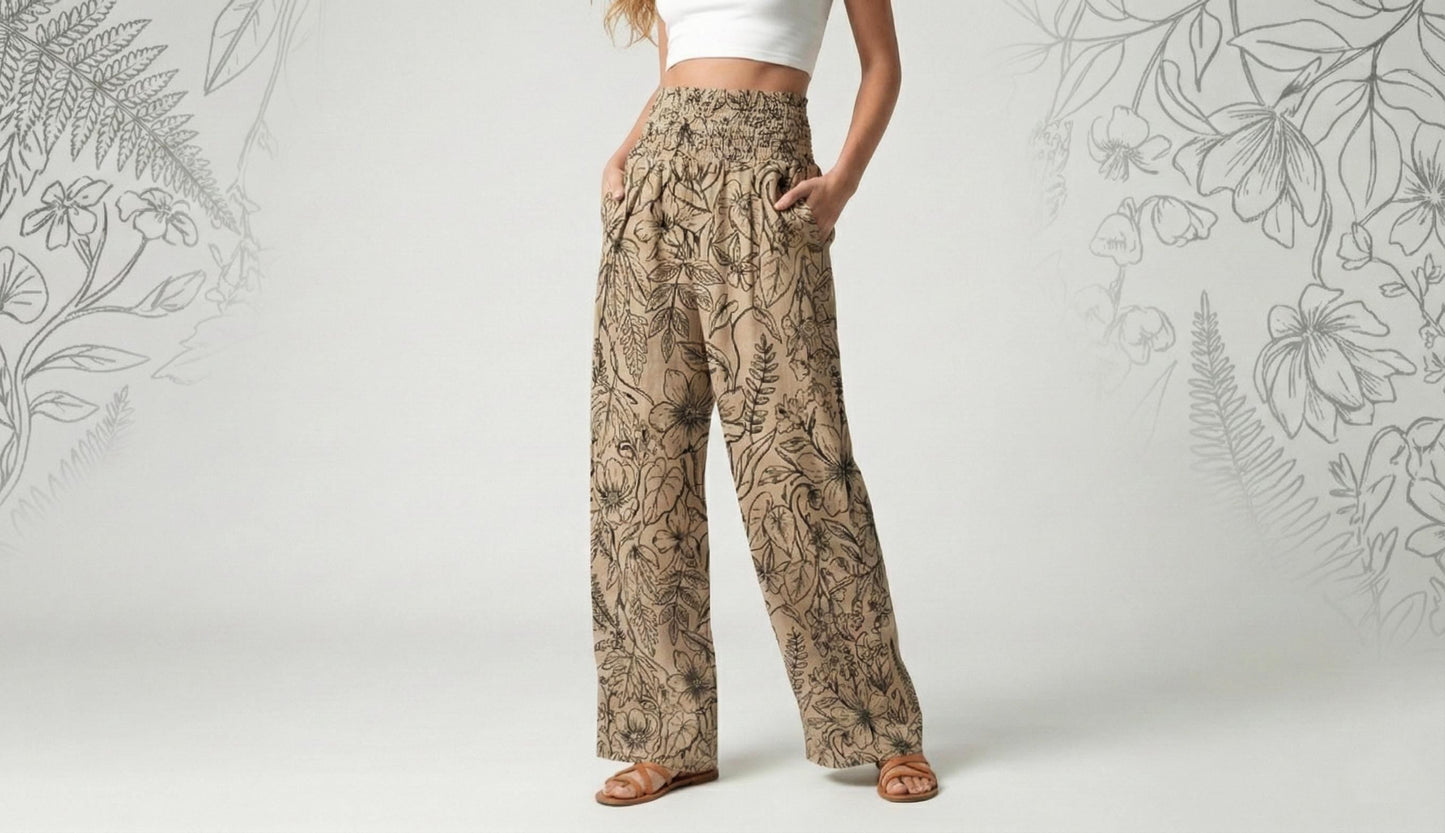 Botanical Print Linen Wide Leg Pants Tall Smocked Waist - Image 3