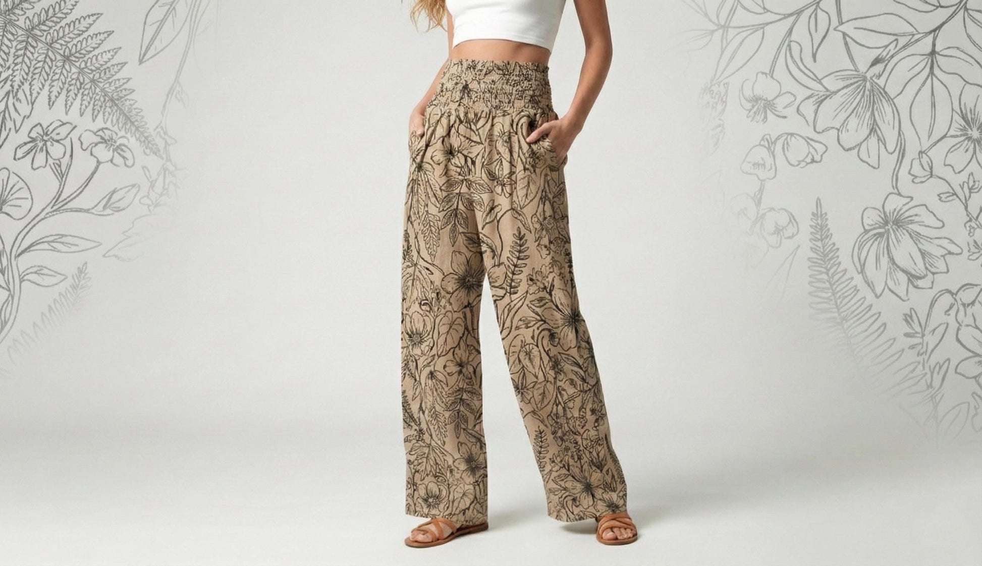 Botanical Print Linen Wide Leg Pants Tall Smocked Waist - Image 3