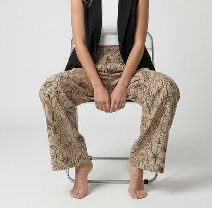 Botanical Print Linen Wide Leg Pants Tall Smocked Waist - Image 4