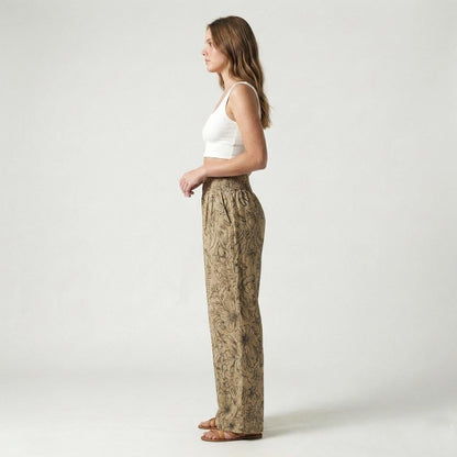 Botanical Print Linen Wide Leg Pants Tall Smocked Waist - Image 5