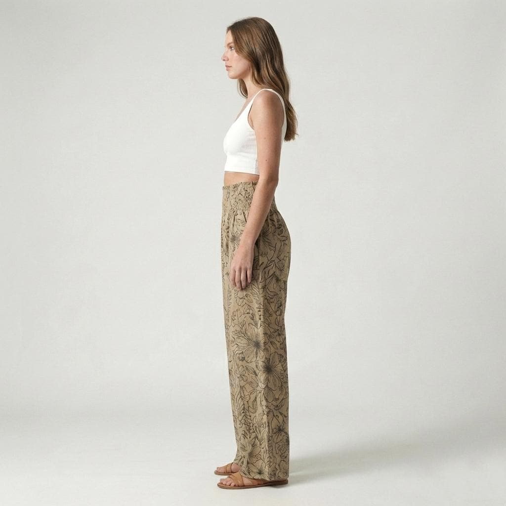 Botanical Print Linen Wide Leg Pants Tall Smocked Waist - Image 6