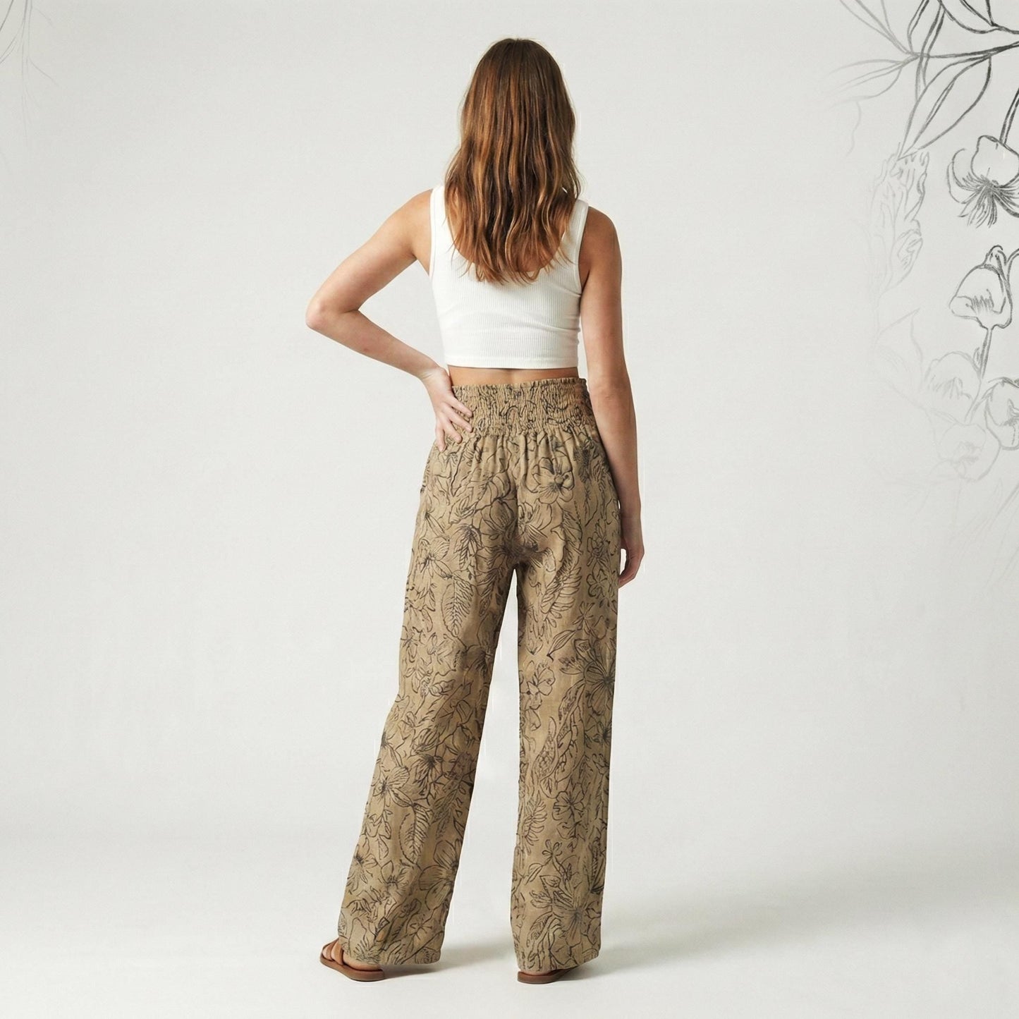 Botanical Print Linen Wide Leg Pants Tall Smocked Waist - Image 2