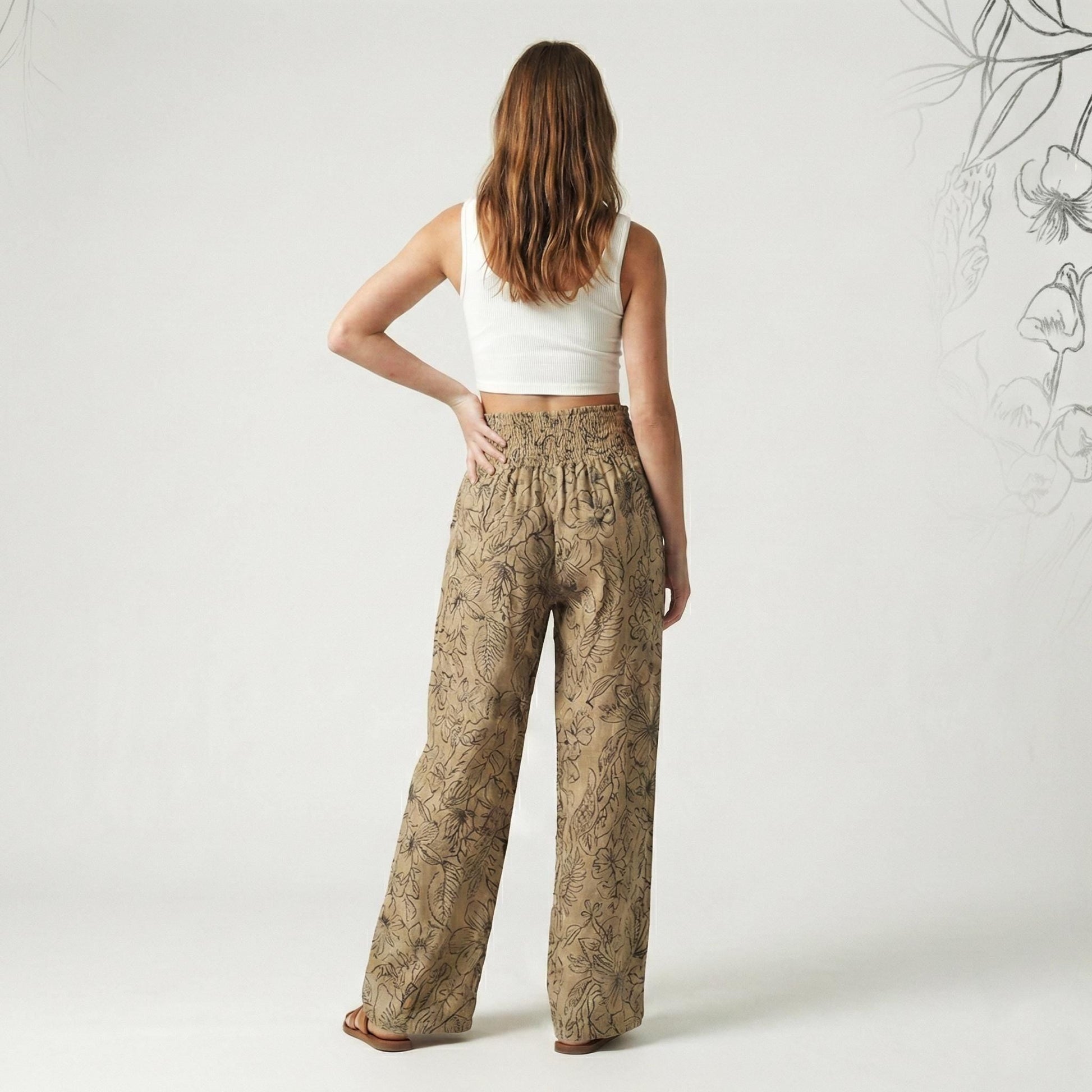 Botanical Print Linen Wide Leg Pants Tall Smocked Waist - Image 2
