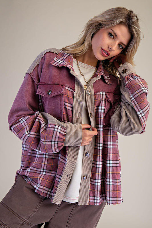 Burgunderfarbener Mineral Wash Karierter Cord-Shacket Oversized Patchwork