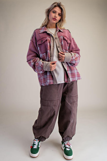 Back view of this rustic boho-chic patchwork shacket showing the relaxed, oversized fit and mineral wash texture