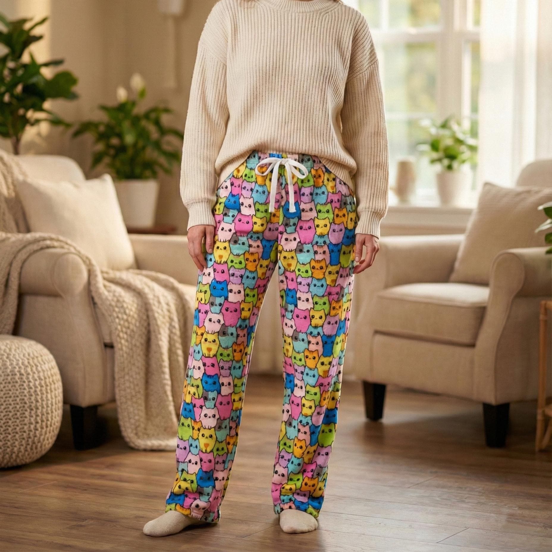 Back view of tall inseam cat print lounge bottoms featuring a comfortable wide-leg fit.