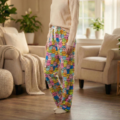 Lifestyle shot of dopamine dressing style cat pajamas worn for cozy evening loungewear.