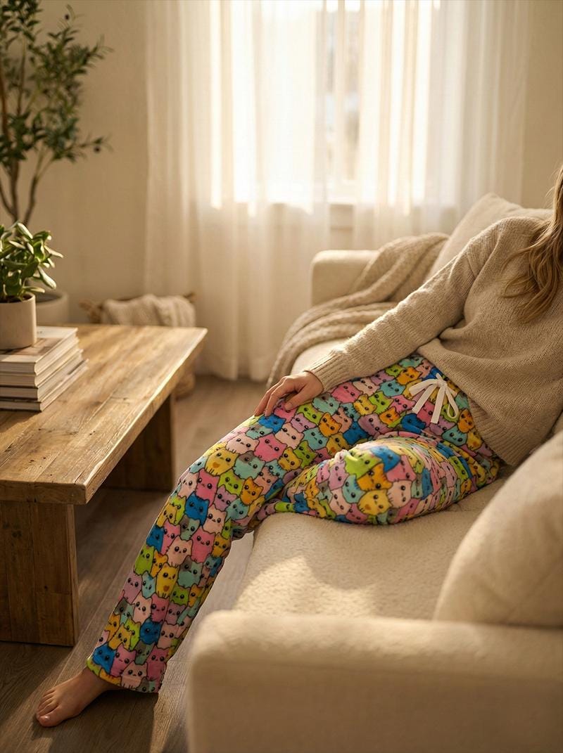 Lower leg view showing the long inseam on these expressive cat-themed fleece pajama bottoms.