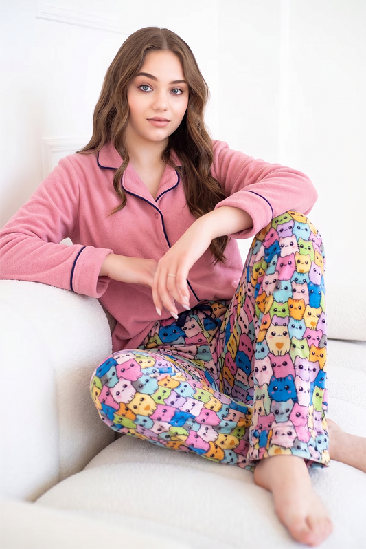 Pantalones de pijama con estampado de gatos, forro polar afelpado, tiro alto, cintura alta