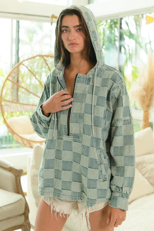 Karierter Jeans-Pullover-Hoodie Baumwollmischung Halb-Reißverschluss Ausgefranster Saum