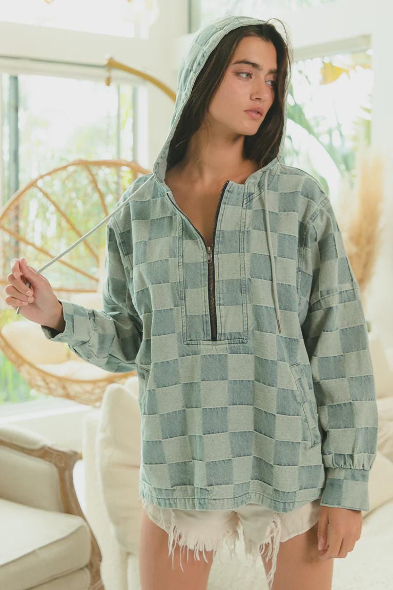 Rear view of the 90s grunge checkerboard denim jacket showing the relaxed fit and soft-washed cotton blend.