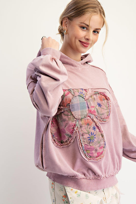 Baumwoll-Blumen-Patchwork-Hoodie Oversized Boho Pullover