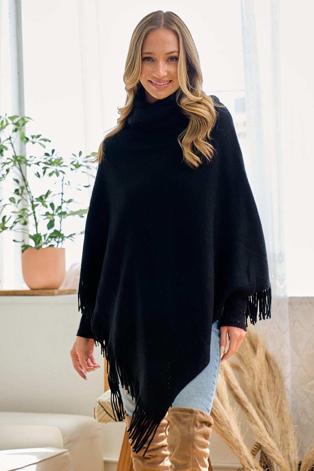 Cowl Neck Poncho Acrylic Knit Asymmetrical Fringe Trim